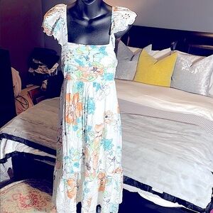 Floral Puff Sleeve Eyelet Detail Midi Dress